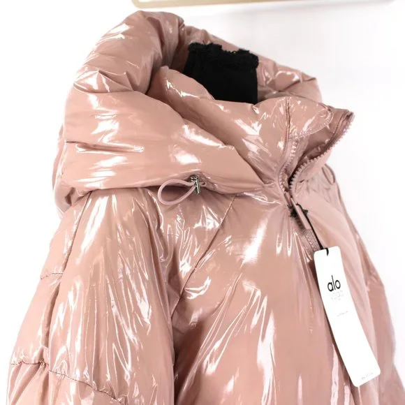 ALO Yoga Stunner Puffer Jacket High Gloss Dusty Pink Coat Hooded L NEW - Picture 4 of 10